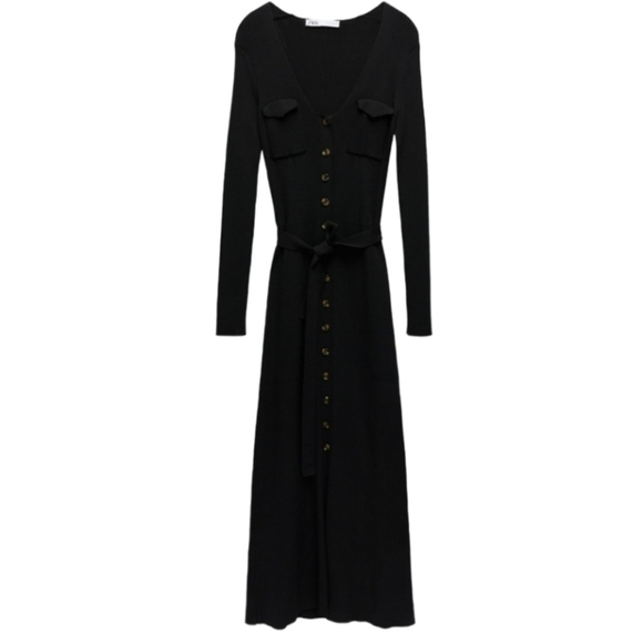 Zara Black Maille Belted Midi Dress - Picture 3 of 8